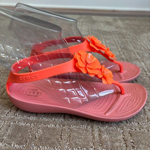 CROCS Serena Embellished Flip Flop Flower Sandal Womens 7 Orange Comfort Rosette - Picture 1 of 6